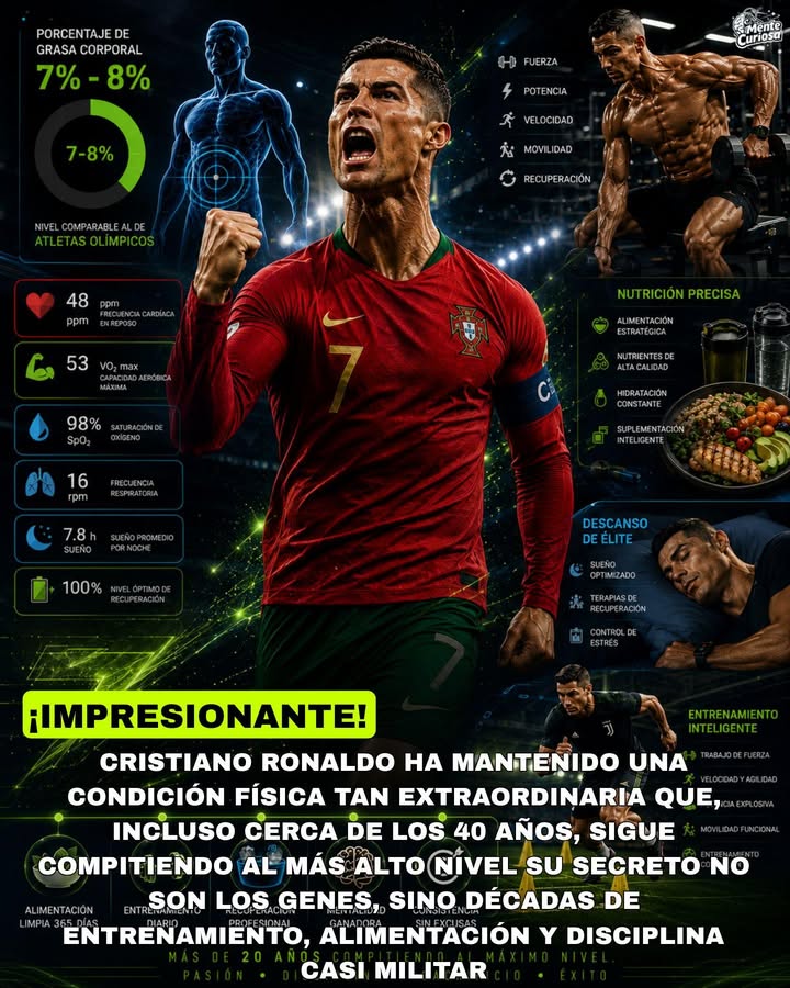 🚨💪⚽😳 CRISTIANO RONALDO MANTIENE UN PORCENTAJE DE GRASA CORPORAL TAN BAJO QUE SUELE ESTAR CERCA DEL DE MUCHOS ATLETAS OLÍMPICOS