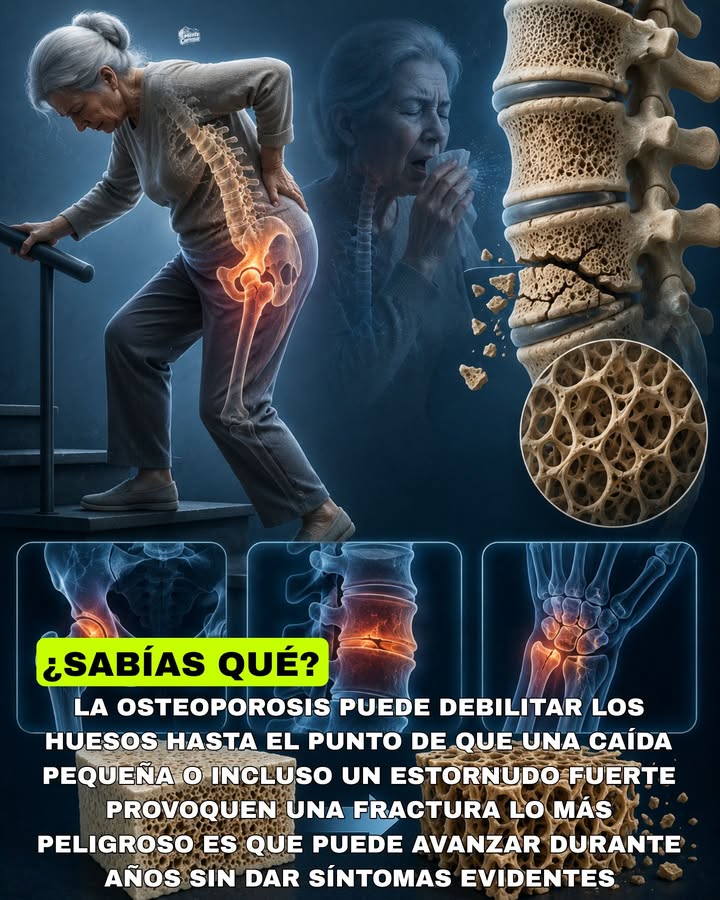 🚨🦴😳 LA OSTEOPOROSIS PUEDE HACER QUE LOS HUESOS SE VUELVAN TAN FRÁGILES QUE UNA CAÍDA PEQUEÑA O INCLUSO UN ESTORNUDO FUERTE PUEDA...
