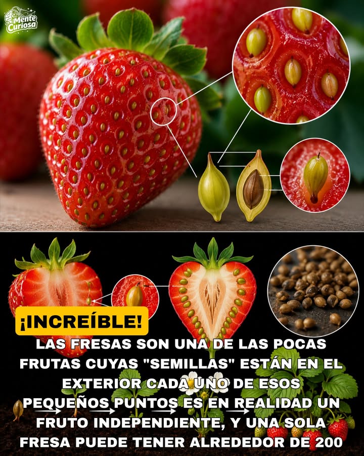 🚨🍓😳 LAS FRESAS SON UNA DE LAS POCAS FRUTAS CUYAS "SEMILLAS" ESTÁN EN EL EXTERIOR
