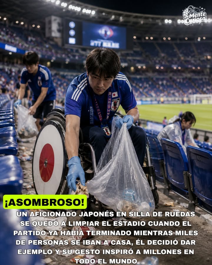 🚨♿🧹😳 UN AFICIONADO JAPONÉS EN SILLA DE RUEDAS SE QUEDÓ A LIMPIAR EL ESTADIO DESPUÉS DEL PARTIDO