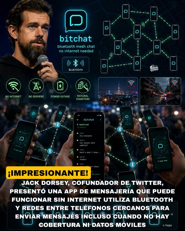 🚨📱📡😳 JACK DORSEY, COFUNDADOR DE TWITTER, PRESENTÓ UNA APP DE MENSAJERÍA QUE PUEDE FUNCIONAR SIN INTERNET