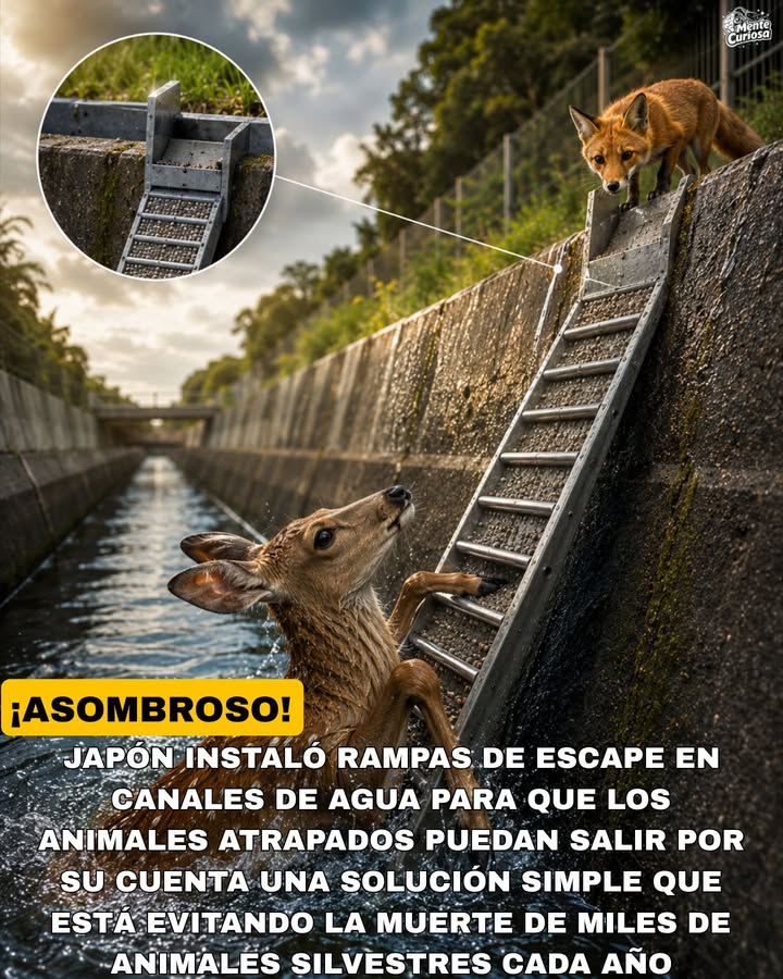 🚨🦊🦌😳 JAPÓN INSTALÓ RAMPAS DE ESCAPE EN CANALES DE AGUA PARA EVITAR QUE MILES DE ANIMALES MUERAN AHOGADOS