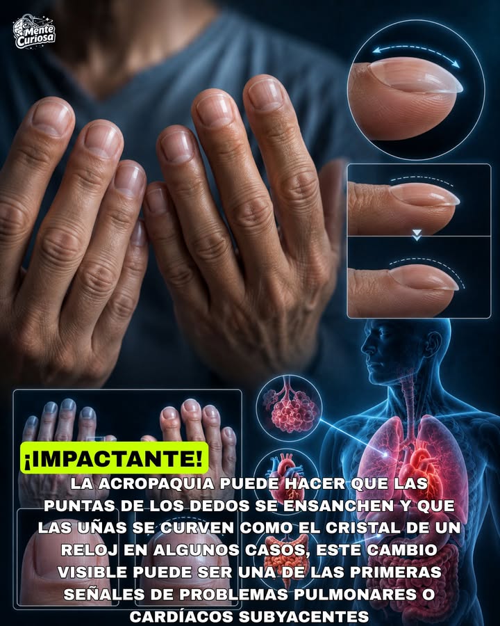 🚨👆🫁😳 LA ACROPAQUIA PUEDE HACER QUE LAS PUNTAS DE LOS DEDOS SE ENSANCHEN Y LAS UÑAS SE CURVEN COMO EL CRISTAL DE UN RELOJ