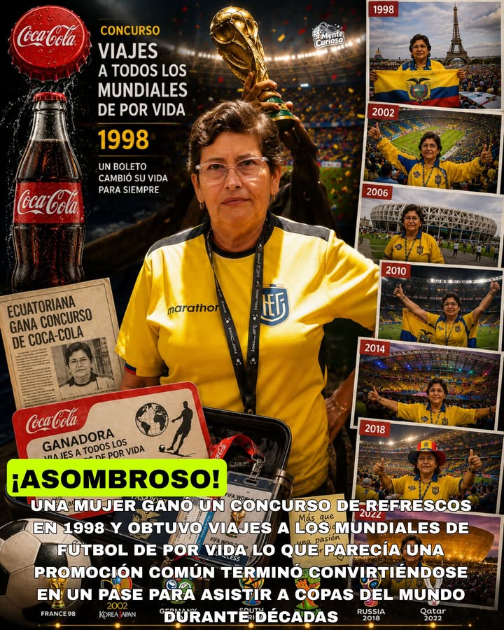 🚨🥤⚽😳 UNA MUJER GANÓ UN CONCURSO DE REFRESCOS EN 1998 Y OBTUVO VIAJES A LOS MUNDIALES DE FÚTBOL DE POR VIDA