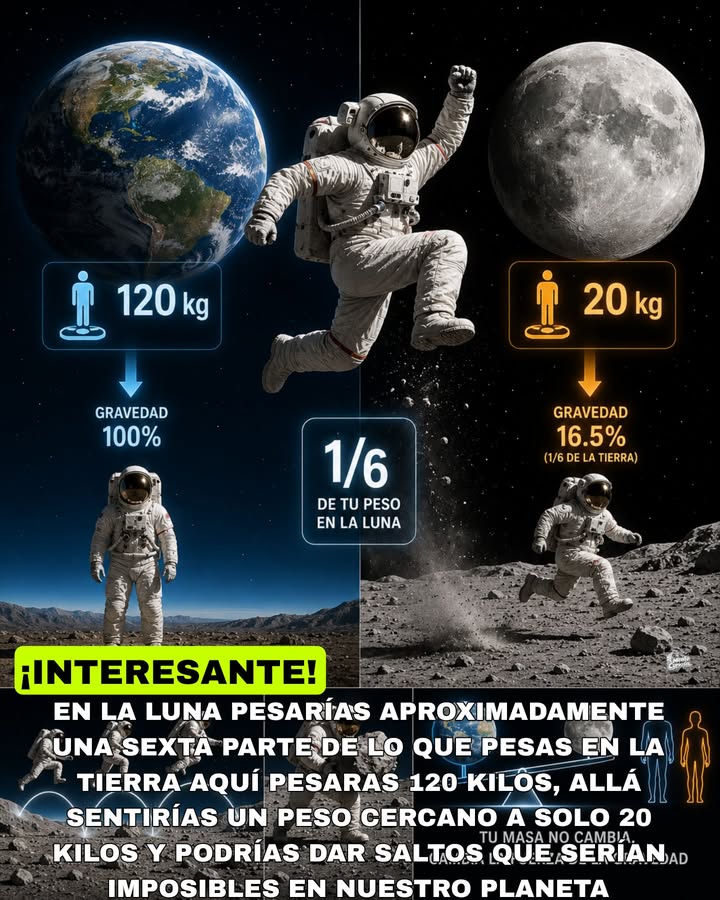🚨🌕⚖️😳 EN LA LUNA PESARÍAS APROXIMADAMENTE UNA SEXTA PARTE DE LO QUE PESAS EN LA TIERRA