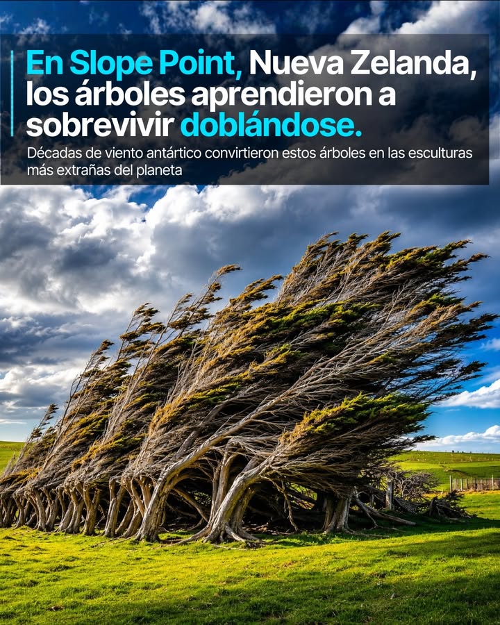 En Slope Point, uno de los puntos más australes de Nueva Zelanda, los árboles no crecen hacia el cielo