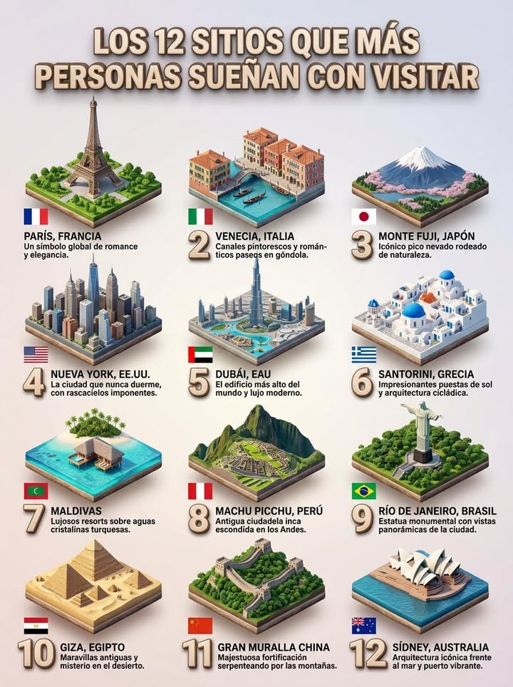 🌍 LOS 12 SITIOS QUE MÁS PERSONAS SUEÑAN CON VISITAR