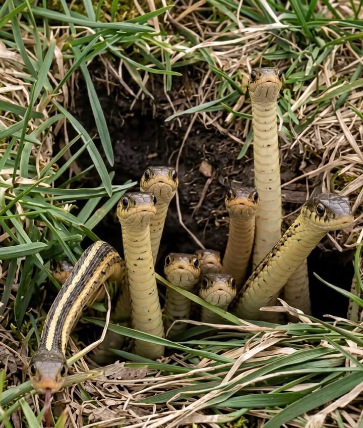 Lo que ves en la imagen es un comportamiento completamente real y fascinante de la naturaleza: el "asomo" colectivo de las serpi...