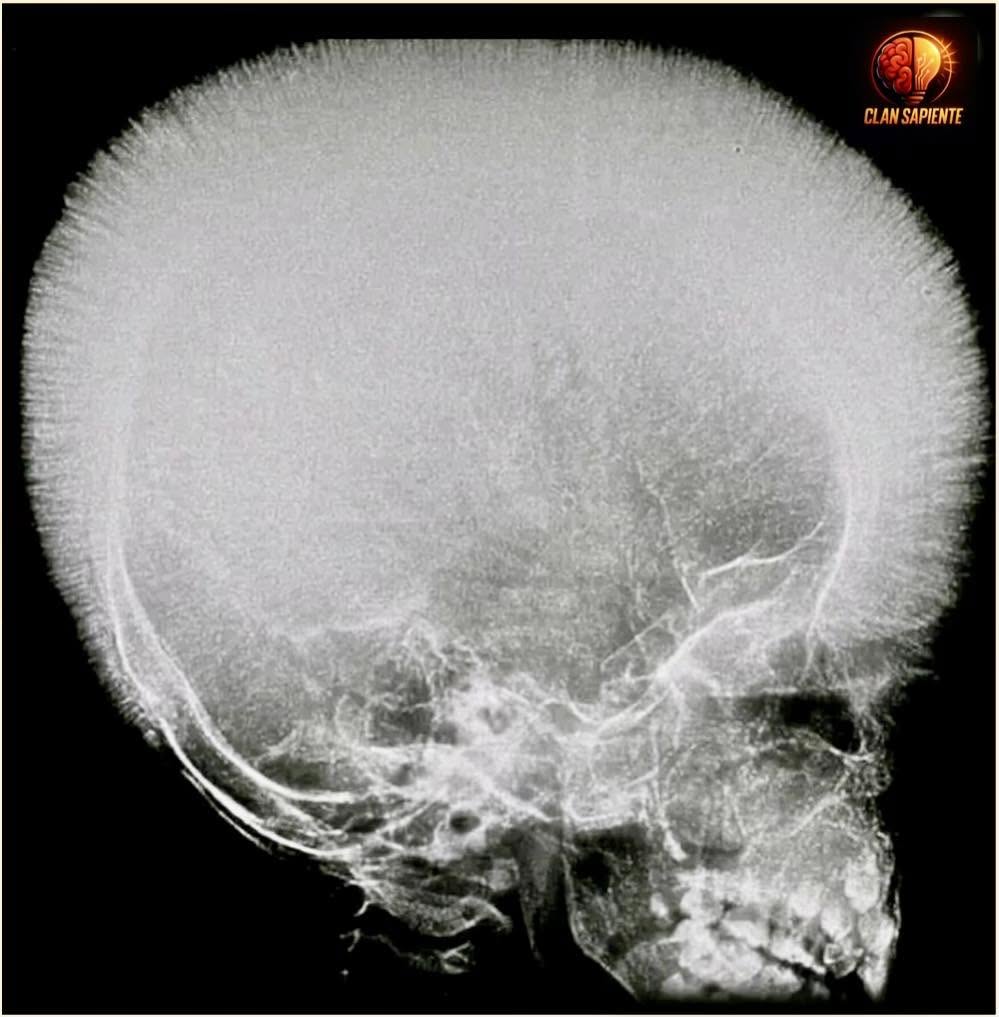 En esta radiografía del cráneo se puede observar un patrón característico conocido como "pelo en el extremo", que es común en pacientes con trast...