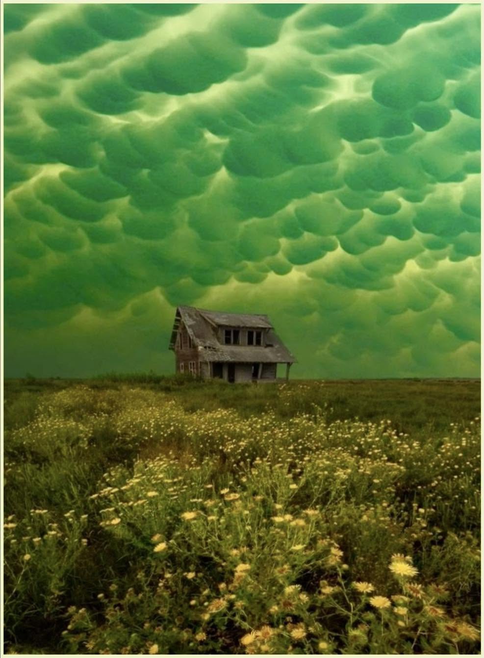 Esta imagen, titulada "Mayhem" y capturada por Aaron Groen el 30 de agosto de 2026 en Dakota del Sur, muestra nubes mammatus flotando de manera ominos...
