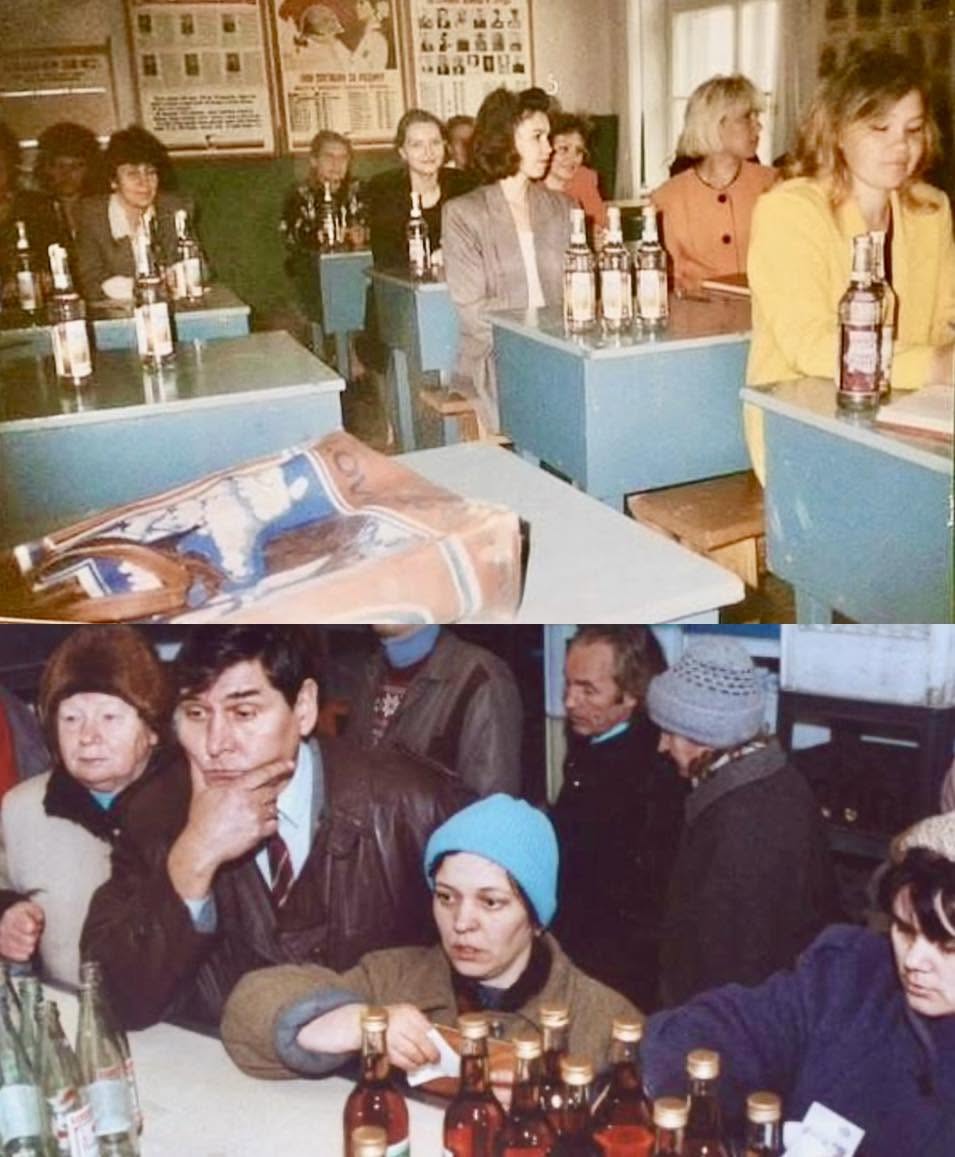En la imagen se puede observar a un grupo de profesores con varias botellas de vodka en sus escritorios