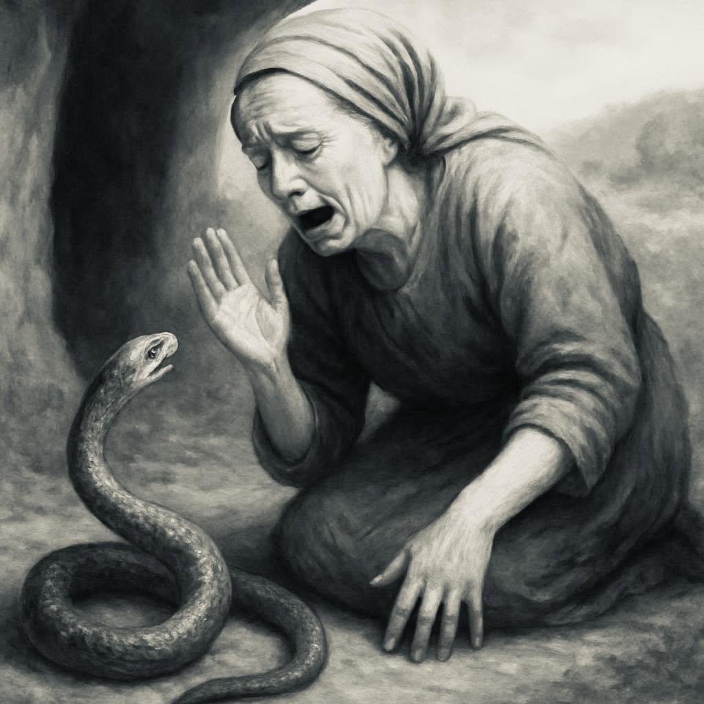 Una mujer se fue al río a recoger agua y encontró a una serpiente lastimada en la orilla, emitiendo sonidos de dolor y apenas moviéndose