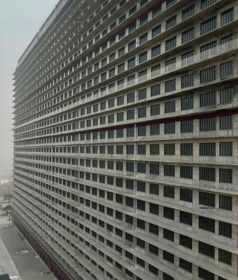 La imagen que ves no es un hotel ni una cárcel de máxima seguridad; se trata de un criadero de cerdos