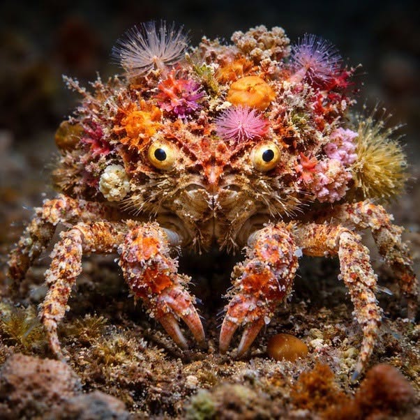 La imagen muestra a un cangrejo decorador cubierto de pólipos hidroides, una estrategia que le permite camuflarse y protegerse en su entorno