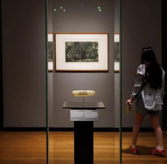 Un condón de tripa de oveja de 200 años de antigüedad, de 1830, nunca se ha usado, se conserva como recuerdo y se exhibe en el Rijksmuseum de Ámst...