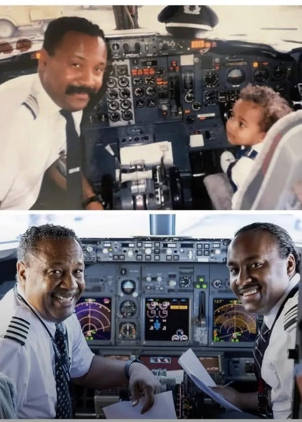 Un niño posó con su padre piloto en un avión