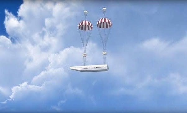 La idea parece sacada de una película futurista: un avión en emergencia, una cabina que se desprende del fuselaje y cientos de pasajeros descendiend...