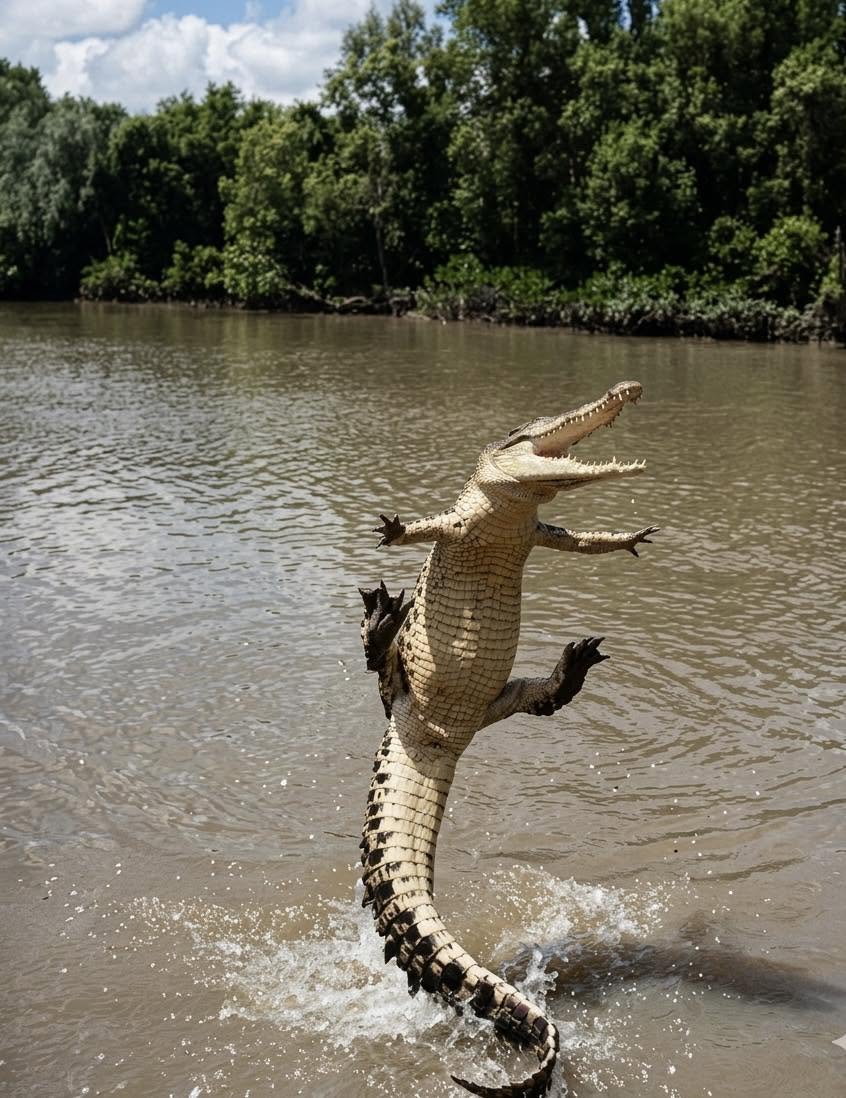Los cocodrilos son de los pocos animales de gran tamaño capaces de realizar un salto vertical casi completo desde una posición de reposo en el agua