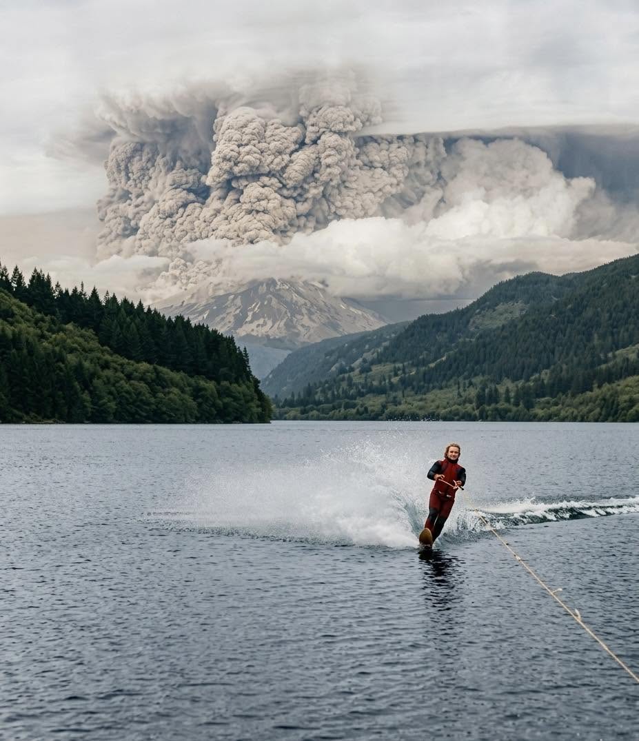 Es posible hacer esquí acuático mientras un volcán entra en erupción a tus espaldas