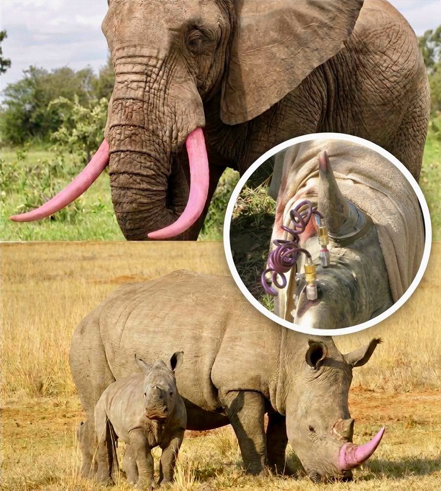 Seguro has visto la foto de un elefante y un rinoceronte con los colmillos teñidos de un rosa fosforescente brillante