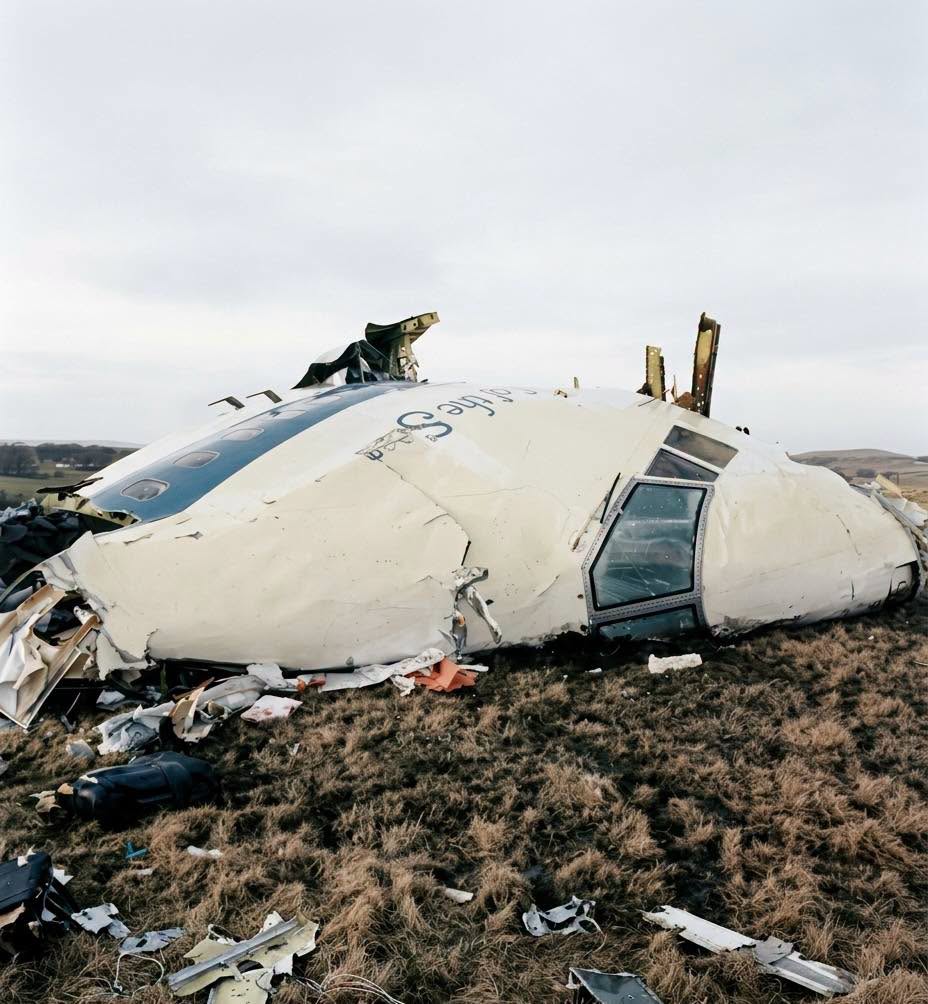 La imagen histórica que ven aquí captura una de las escenas más icónicas y sombrías del desastre del vuelo 103 de Pan Am: la sección del morro y...